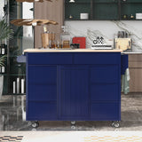 English Elm Kitchen Cart With Rubber Wood Countertop , Kitchen Island Has 8 Handle-Free Drawers Including A Flatware Organizer and 5 Wheels For Kitchen Dinning Room, Dark Blue