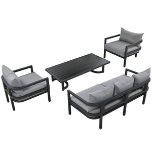English Elm U_style 5 Seat Outdoor Sofa Set Powder Coated Steel Acacia Wood Table Garden Patio Light Gray WY000333AAE