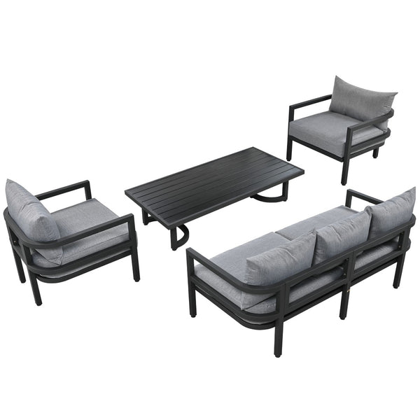 English Elm U_style 5 Seat Outdoor Sofa Set Powder Coated Steel Acacia Wood Table Garden Patio Light Gray WY000333AAE