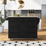 English Elm Kitchen Cart With Rubber Wood Countertop , Kitchen Island Has 8 Handle-Free Drawers Including A Flatware Organizer and 5 Wheels For Kitchen Dinning Room, Black