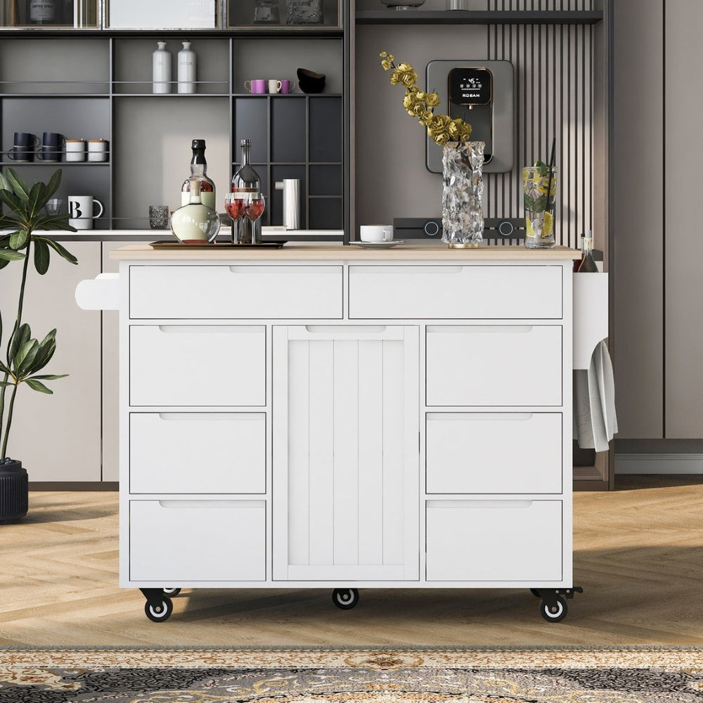 English Elm K&k Store Mobile Kitchen Island Rubberwood Top Eight Push-open Drawers Rolling Storage White SK000002AAW