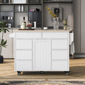 English Elm K&k Store Mobile Kitchen Island Rubberwood Top Eight Push-open Drawers Rolling Storage White SK000002AAW