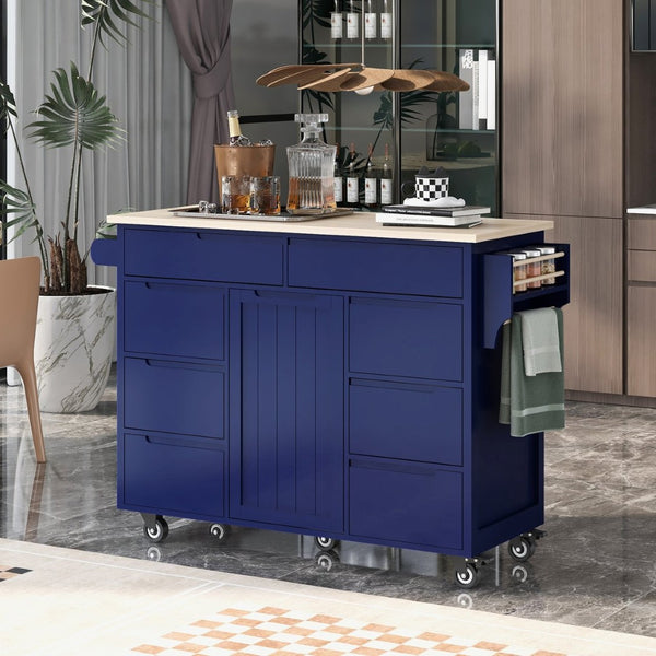 English Elm K&k Store Mobile Kitchen Island Rubberwood Top Eight Push-open Drawers Rolling Storage Blue SK000002AAG