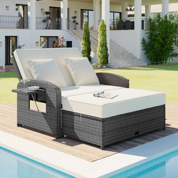 English Elm TOPMAX PE Wicker Rattan Double Chaise Lounge with 3-Position Recline, Waterproof Cover, 700lbs Capacity White SP100041AAA