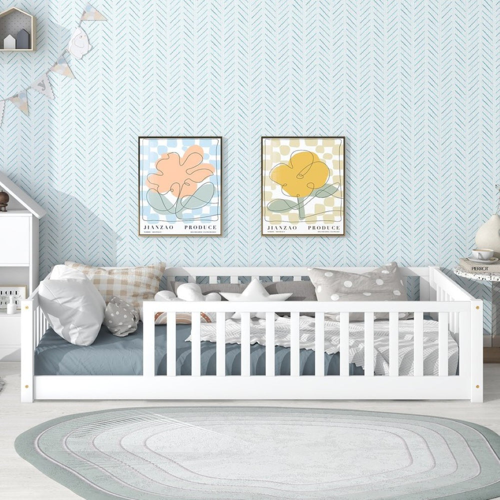 English Elm Twin Solid Rubberwood Floor Bed with Full Perimeter Safety Rails for Toddler Rooms White W504P296795