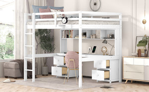 English Elm Full Size Loft Bed With Built-In Desk, Ample Storage, Charging Station & Stylish White Finish GX000334AAK-1