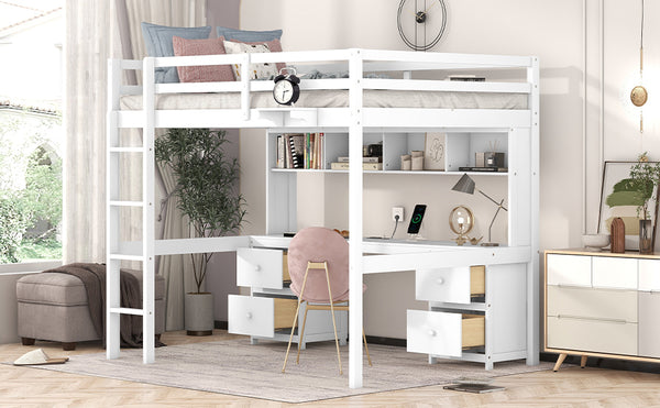 English Elm Full Size Loft Bed With Built-In Desk, Ample Storage, Charging Station & Stylish White Finish GX000334AAK-1