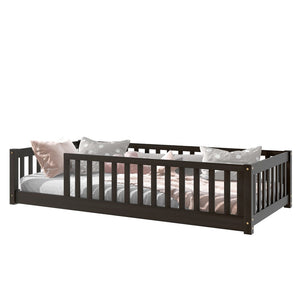 English Elm Twin Solid Rubberwood Floor Bed with Full Perimeter Safety Rails for Toddler Rooms Espresso W504P296797