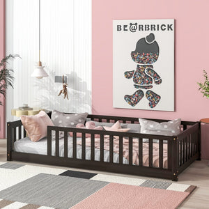 English Elm Twin Solid Rubberwood Floor Bed with Full Perimeter Safety Rails for Toddler Rooms Espresso W504P296797