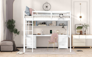 English Elm Full Size Loft Bed With Built-In Desk, Ample Storage, Charging Station & Stylish White Finish GX000334AAK-1