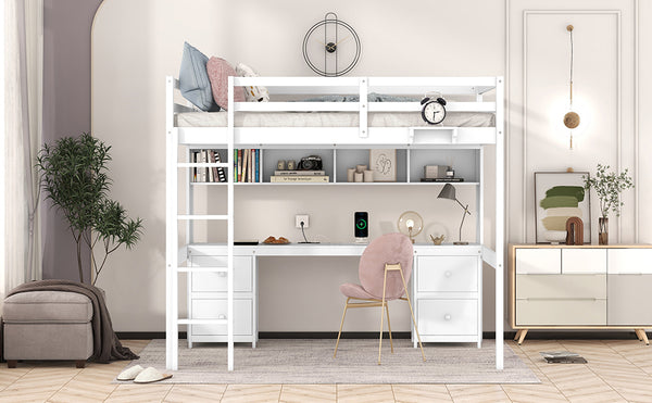 English Elm Full Size Loft Bed With Built-In Desk, Ample Storage, Charging Station & Stylish White Finish GX000334AAK-1