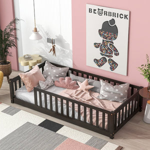 English Elm Twin Solid Rubberwood Floor Bed with Full Perimeter Safety Rails for Toddler Rooms Espresso W504P296797