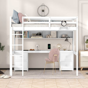 English Elm Full Size Loft Bed With Integrated Desk, Storage Cabinets, Charging Station, Modern White Design GX000334AAK