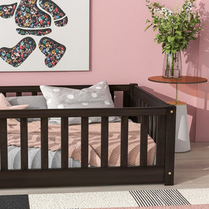 English Elm Twin Solid Rubberwood Floor Bed with Full Perimeter Safety Rails for Toddler Rooms Espresso W504P296797