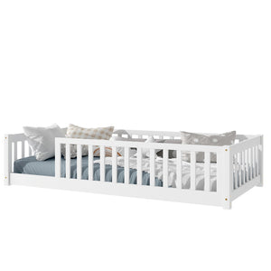 English Elm Twin Solid Rubberwood Floor Bed with Full Perimeter Safety Rails for Toddler Rooms White W504P296795