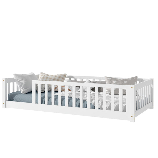 English Elm Twin Solid Rubberwood Floor Bed with Full Perimeter Safety Rails for Toddler Rooms White W504P296795