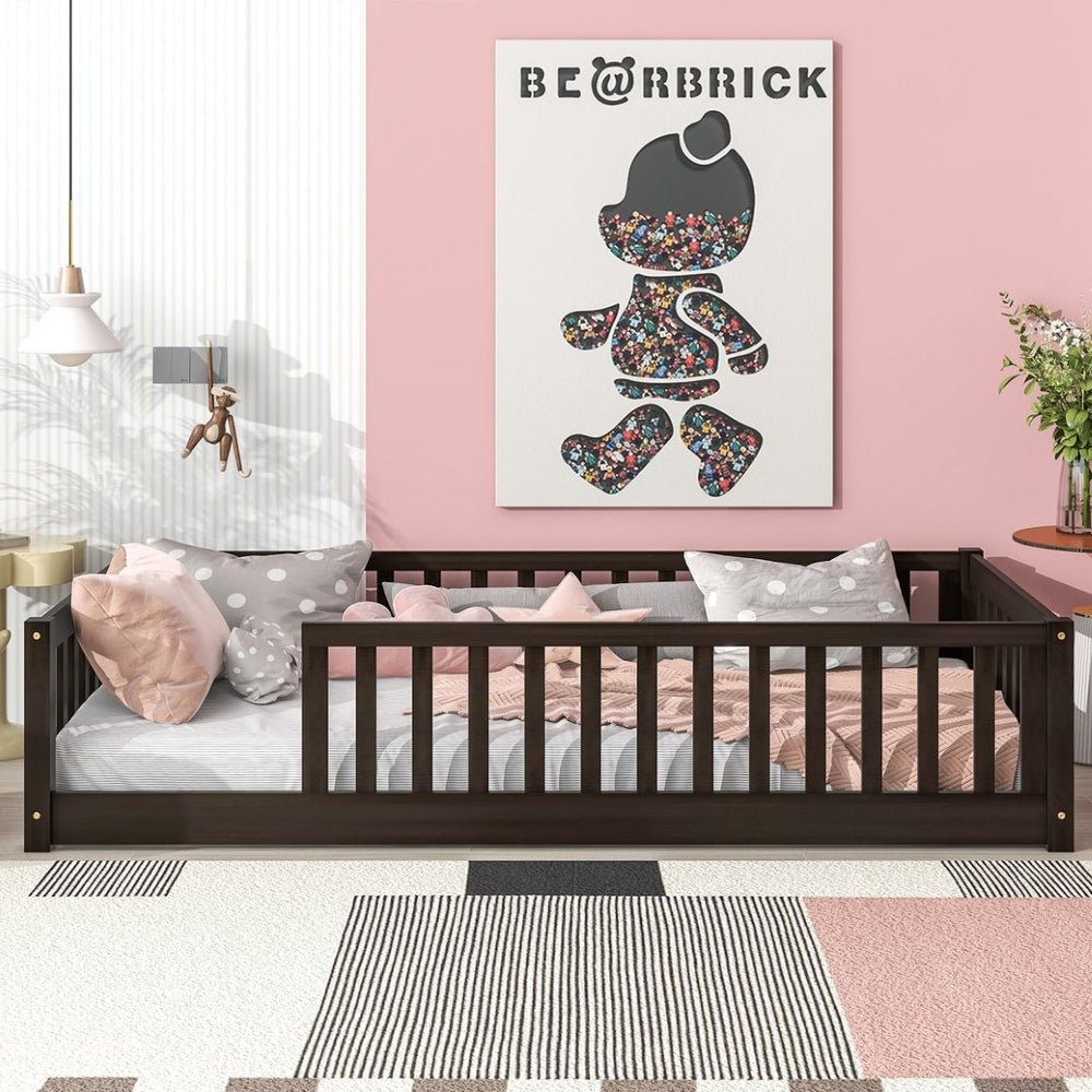 English Elm Twin Solid Rubberwood Floor Bed with Full Perimeter Safety Rails for Toddler Rooms Espresso W504P296797