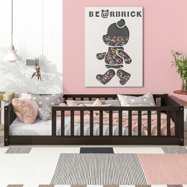 English Elm Twin Solid Rubberwood Floor Bed with Full Perimeter Safety Rails for Toddler Rooms Espresso W504P296797