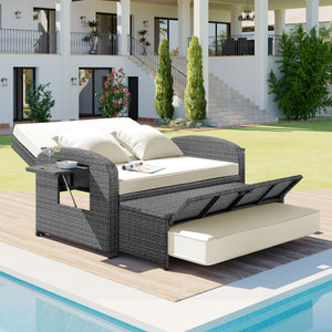 English Elm TOPMAX PE Wicker Rattan Double Chaise Lounge with 3-Position Recline, Waterproof Cover, 700lbs Capacity White SP100041AAA