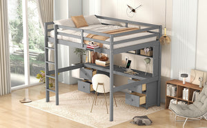 English Elm Full Size Loft Bed With Integrated Desk, Ample Storage, Charging Station & Stylish Gray Finish GX000334AAE