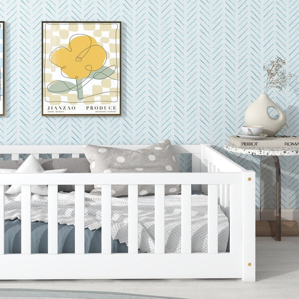 English Elm Twin Solid Rubberwood Floor Bed with Full Perimeter Safety Rails for Toddler Rooms White W504P296795