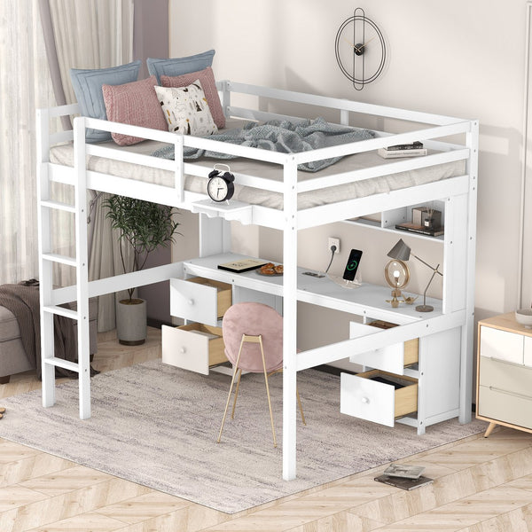 English Elm Full Size Loft Bed With Integrated Desk, Storage Cabinets, Charging Station, Modern White Design GX000334AAK