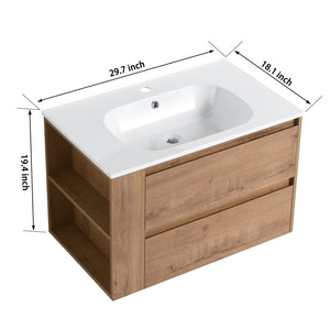 English Elm 30" Wall Mounting Bathroom Vanity Gel Sink with Soft-Close Drawers, Side Shelf, Scratch-Resist Finish Imitative Oak W999102534