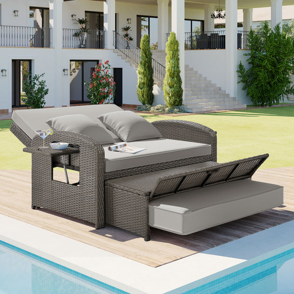 English Elm TOPMAX PE Wicker Rattan Double Chaise Lounge with 3-Position Recline, Waterproof Cover, 700lbs Capacity Gray SP100041AAE