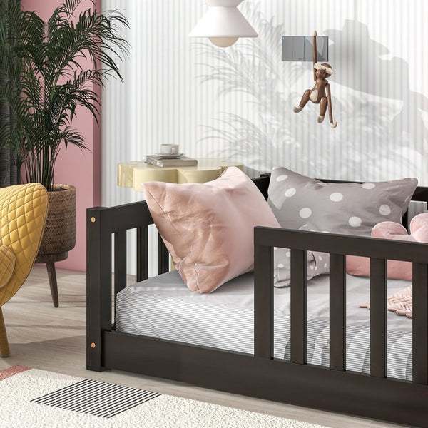 English Elm Twin Solid Rubberwood Floor Bed with Full Perimeter Safety Rails for Toddler Rooms Espresso W504P296797
