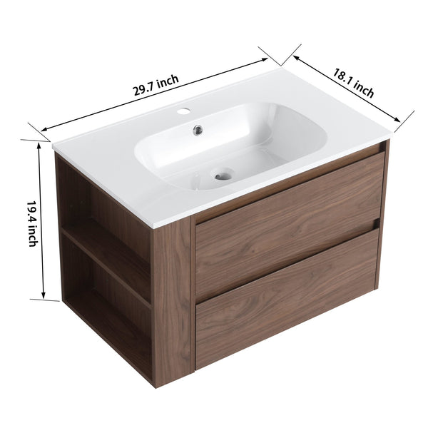 English Elm 30" Wall Mounting Bathroom Vanity Gel Sink with Soft-Close Drawers, Side Shelf, Scratch-Resist Finish Brown Oak W999102535