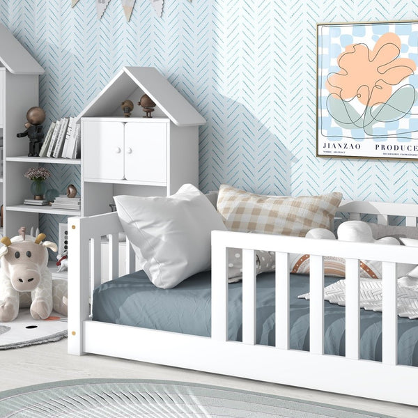 English Elm Twin Solid Rubberwood Floor Bed with Full Perimeter Safety Rails for Toddler Rooms White W504P296795
