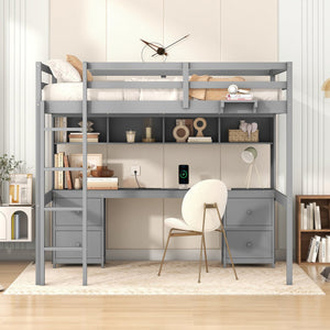English Elm Full Size Loft Bed With Integrated Desk, Ample Storage, Charging Station & Stylish Gray Finish GX000334AAE