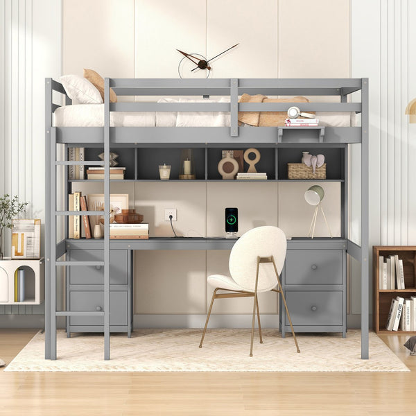 English Elm Full Size Loft Bed With Integrated Desk, Ample Storage, Charging Station & Stylish Gray Finish GX000334AAE