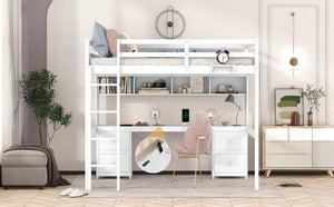 English Elm Full Size Loft Bed With Built-In Desk, Ample Storage, Charging Station & Stylish White Finish GX000334AAK-1