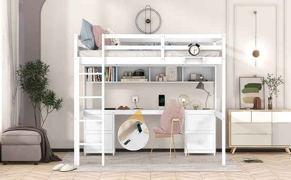 English Elm Full Size Loft Bed With Integrated Desk, Storage Cabinets, Charging Station, Modern White Design GX000334AAK