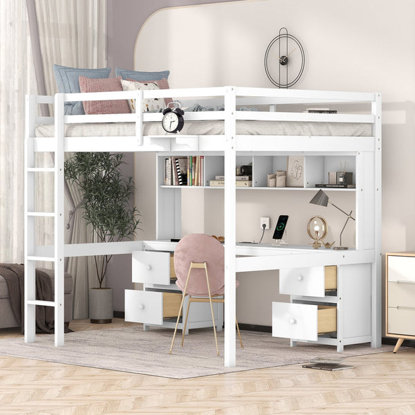 English Elm Full Size Loft Bed With Integrated Desk, Storage Cabinets, Charging Station, Modern White Design GX000334AAK