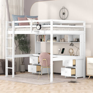 English Elm Full Size Loft Bed With Built-In Desk, Ample Storage, Charging Station & Stylish White Finish GX000334AAK-1