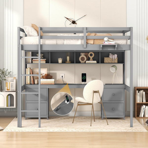 English Elm Full Size Loft Bed With Integrated Desk, Ample Storage, Charging Station & Stylish Gray Finish GX000334AAE