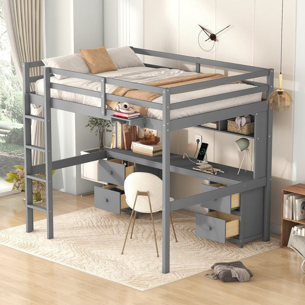 English Elm Full Size Loft Bed With Integrated Desk, Ample Storage, Charging Station & Stylish Gray Finish GX000334AAE