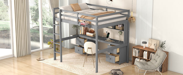 English Elm Full Size Loft Bed With Integrated Desk, Ample Storage, Charging Station & Stylish Gray Finish GX000334AAE