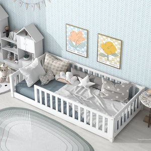 English Elm Twin Solid Rubberwood Floor Bed with Full Perimeter Safety Rails for Toddler Rooms White W504P296795