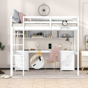 English Elm Full Size Loft Bed With Integrated Desk, Storage Cabinets, Charging Station, Modern White Design GX000334AAK