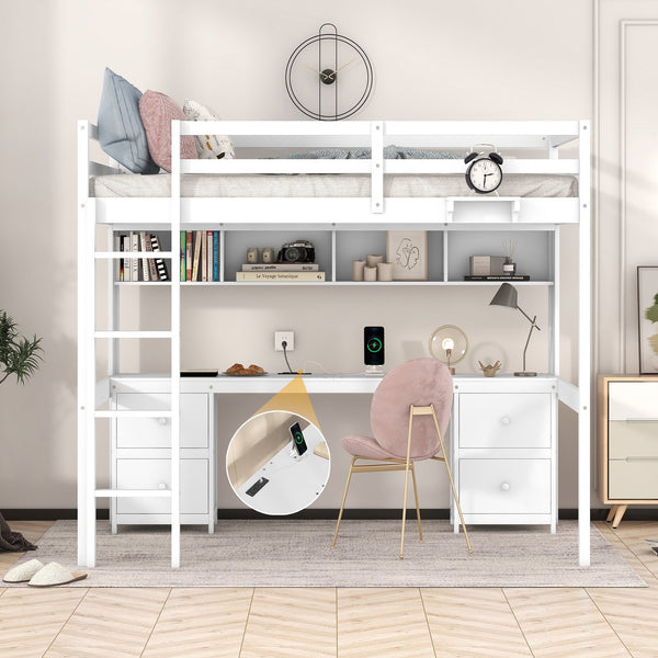 English Elm Full Size Loft Bed With Integrated Desk, Storage Cabinets, Charging Station, Modern White Design GX000334AAK