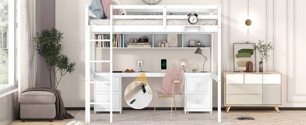 English Elm Full Size Loft Bed With Integrated Desk, Storage Cabinets, Charging Station, Modern White Design GX000334AAK
