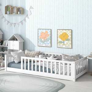 English Elm Twin Solid Rubberwood Floor Bed with Full Perimeter Safety Rails for Toddler Rooms White W504P296795