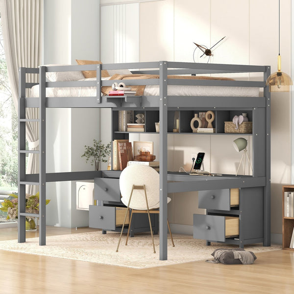 English Elm Full Size Loft Bed With Integrated Desk, Ample Storage, Charging Station & Stylish Gray Finish GX000334AAE