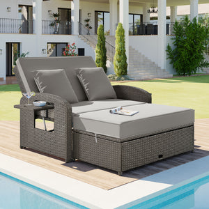 English Elm TOPMAX PE Wicker Rattan Double Chaise Lounge with 3-Position Recline, Waterproof Cover, 700lbs Capacity Gray SP100041AAE