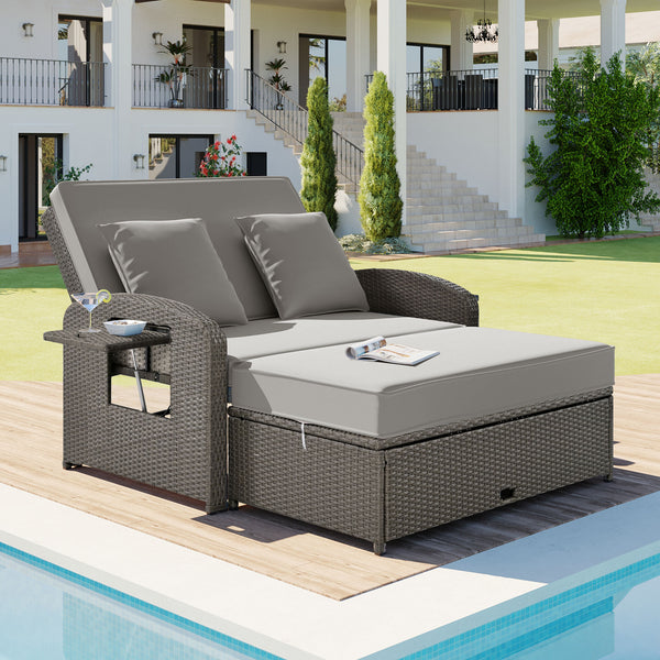 English Elm TOPMAX PE Wicker Rattan Double Chaise Lounge with 3-Position Recline, Waterproof Cover, 700lbs Capacity Gray SP100041AAE