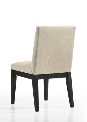 English Elm Jasper Round Pedestal Dining Set Seats Six with Ebony Wood and Beige Fabric Chairs B061S00857