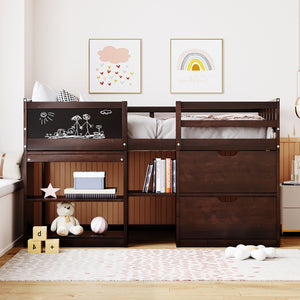 English Elm Twin Low Loft Bed with Rolling Desk Built in Shelving and Underbed Drawers for Kids Espresso LT000135AAP